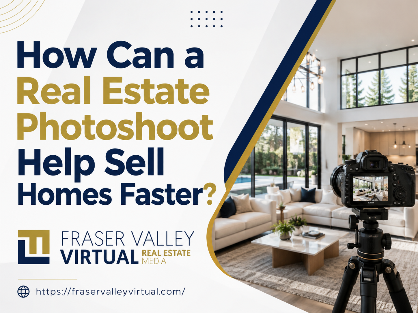 Professional real estate photography setup in a modern home, featuring a camera on a tripod in a bright living room.